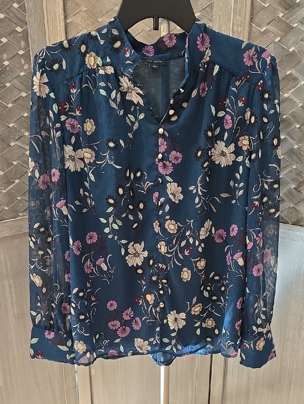 Ann Taylor Navy Floral Sheer Button-Front Blouse